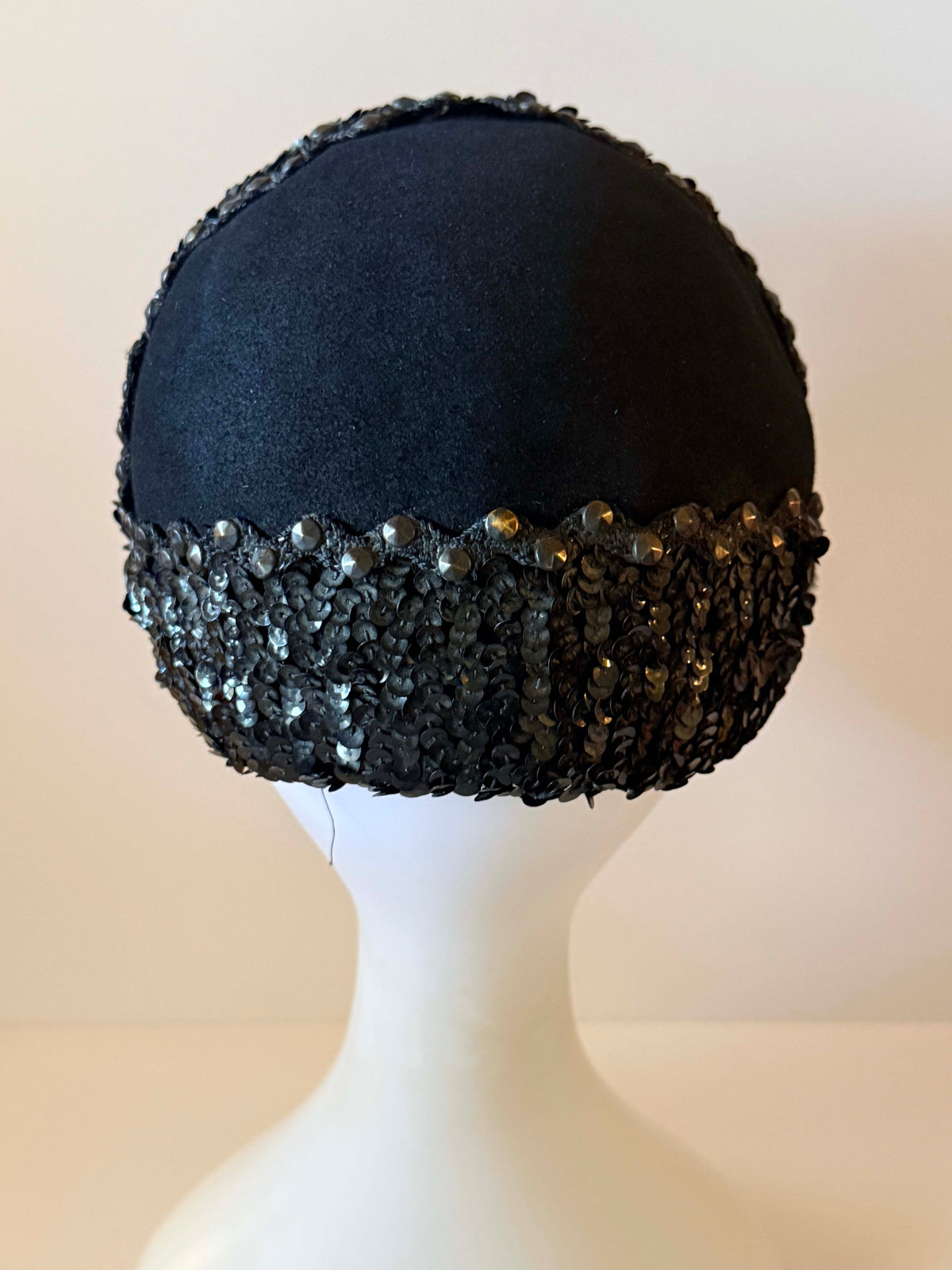 Vintage 1940s Lilyan Model Black Sequin Half Hat | Velvet Jeweled Cocktail Hat
