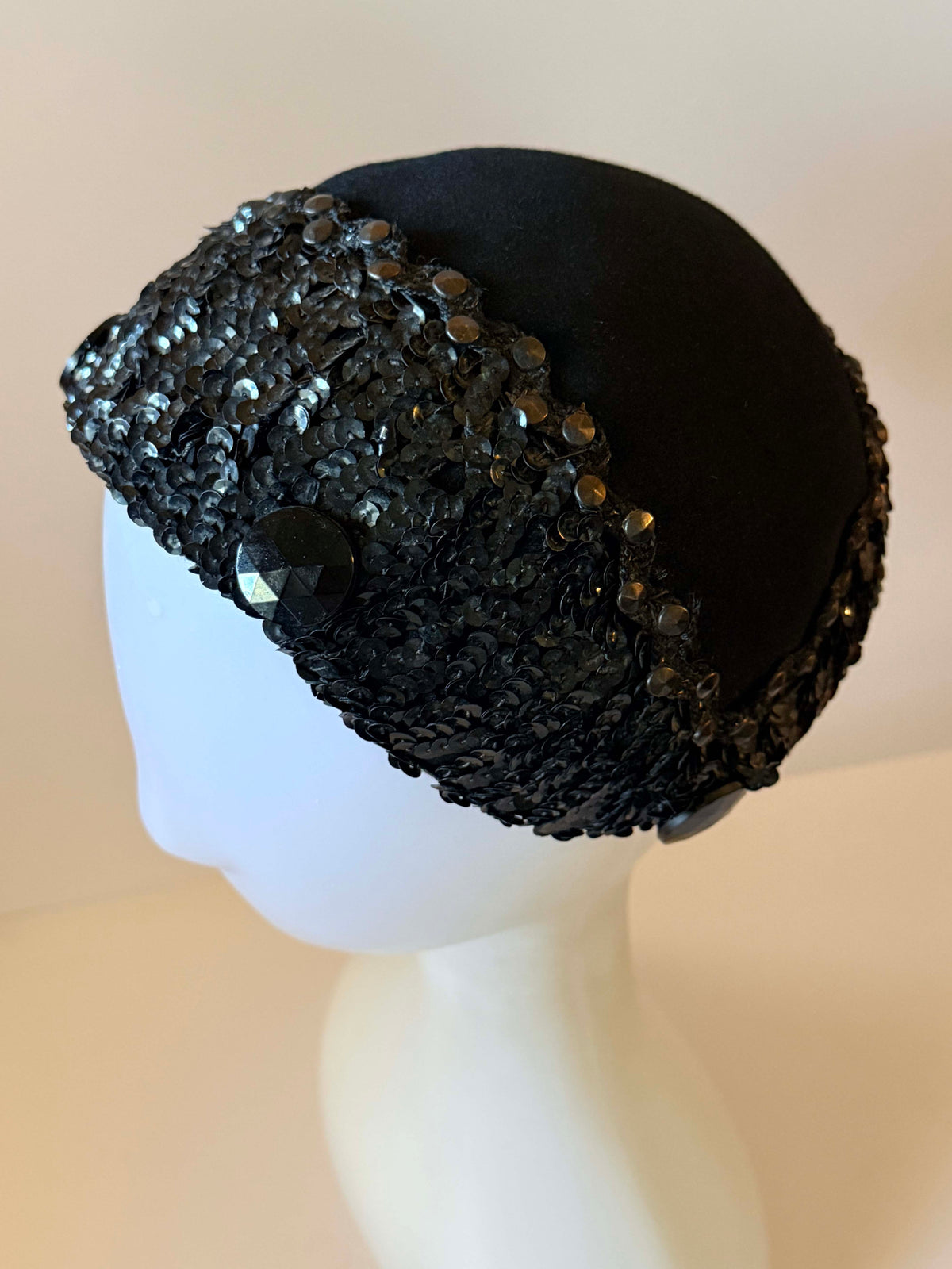 Vintage 1940s Lilyan Model Black Sequin Half Hat | Velvet Jeweled Cocktail Hat