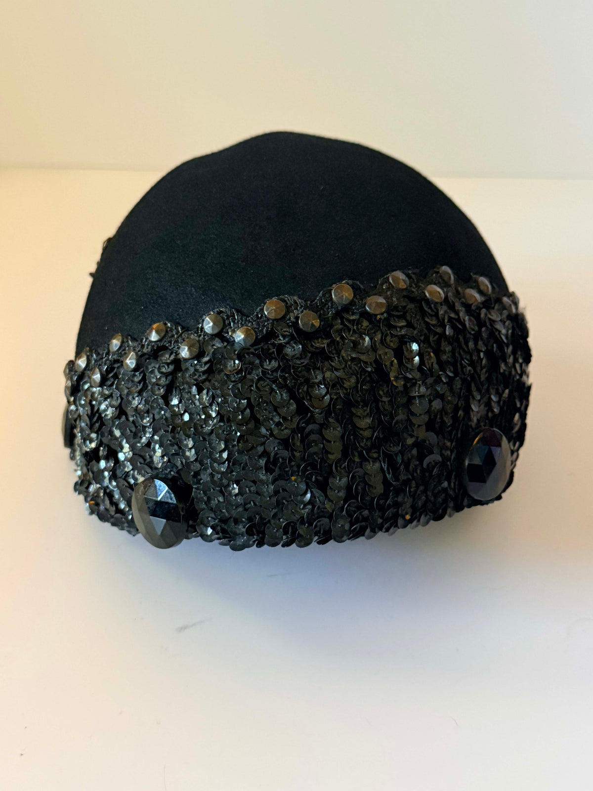 Vintage 1940s Lilyan Model Black Sequin Half Hat | Velvet Jeweled Cocktail Hat