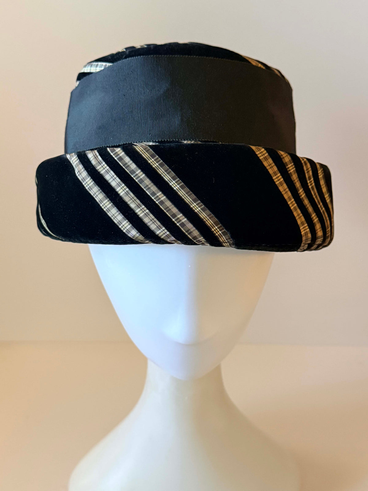 Vintage 1950s Union Made Black Velvet Hat | Metallic Striped Sculptural Mid Century Women's Hat