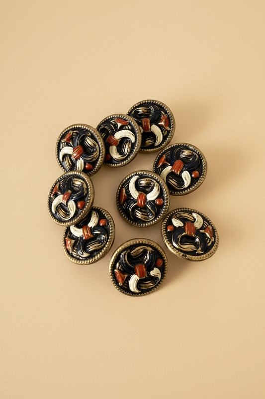 Vintage Enamel Metal Buttons Set of 8 Navy Red Cream Gold Tone Textured Trim Decorative Buttons