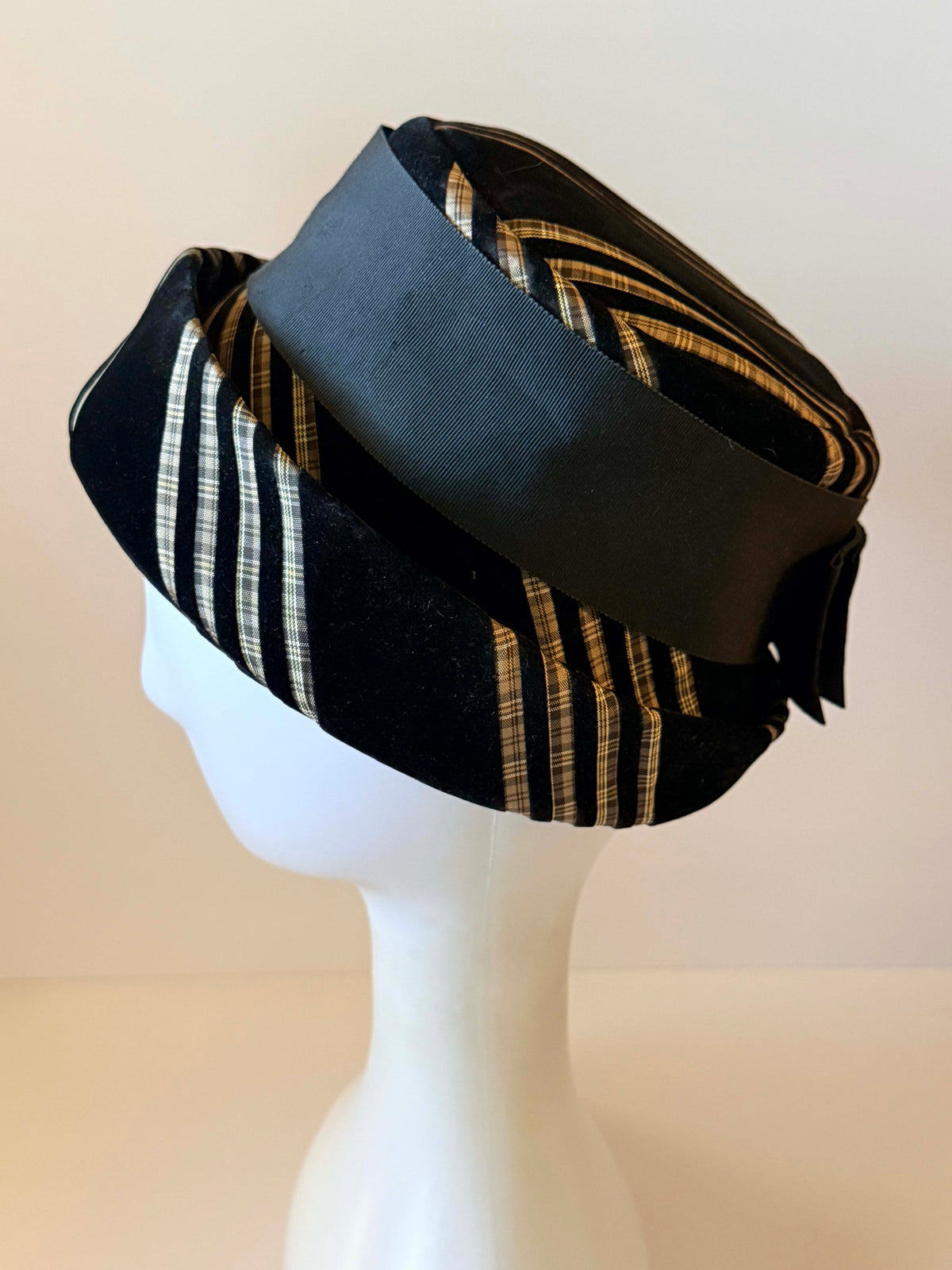 Vintage 1950s Union Made Black Velvet Hat | Metallic Striped Sculptural Mid Century Women's Hat
