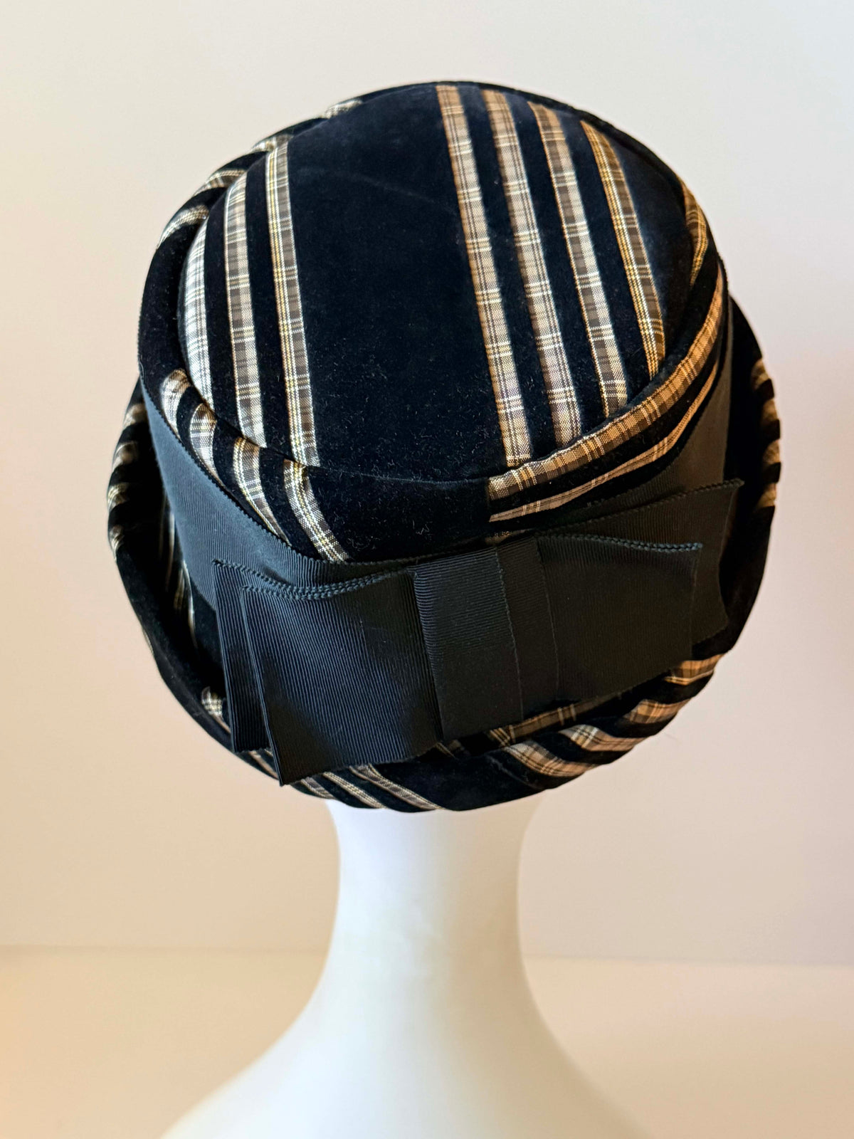 Vintage 1950s Union Made Black Velvet Hat | Metallic Striped Sculptural Mid Century Women's Hat