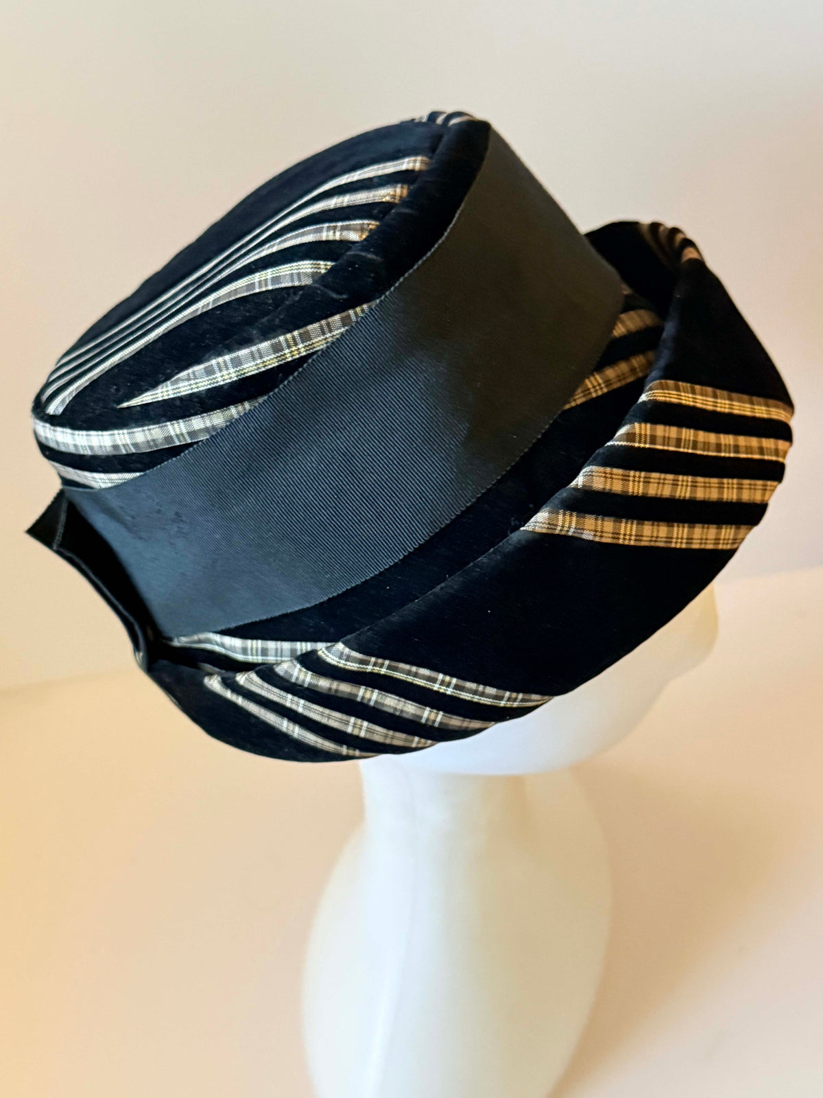 Vintage 1950s Union Made Black Velvet Hat | Metallic Striped Sculptural Mid Century Women's Hat