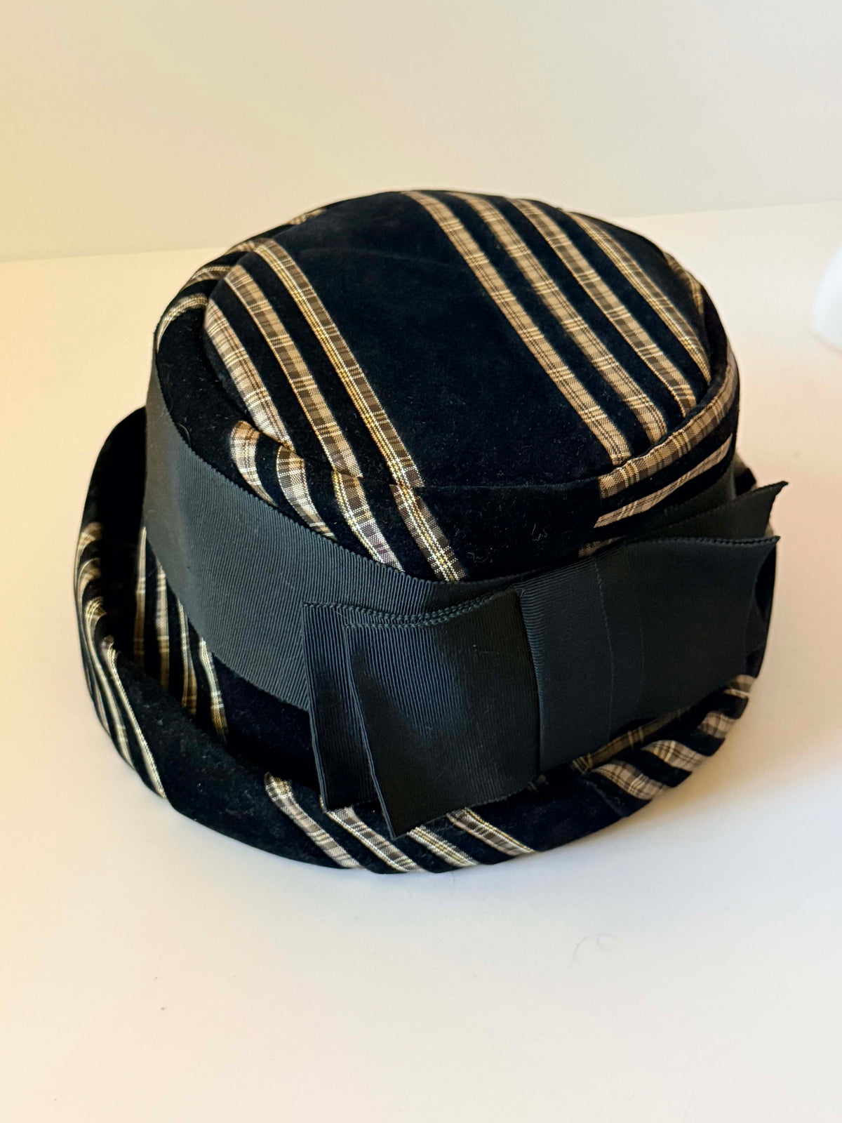 Vintage 1950s Union Made Black Velvet Hat | Metallic Striped Sculptural Mid Century Women's Hat