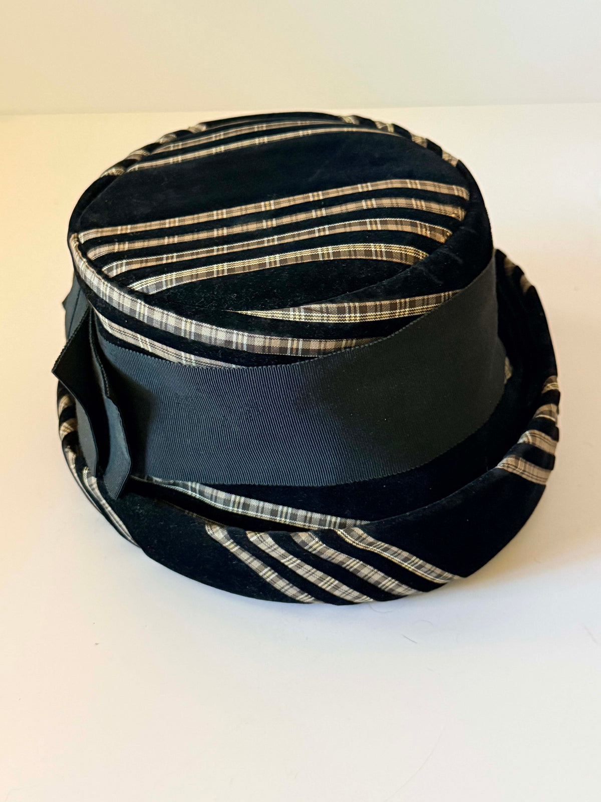 Vintage 1950s Union Made Black Velvet Hat | Metallic Striped Sculptural Mid Century Women's Hat