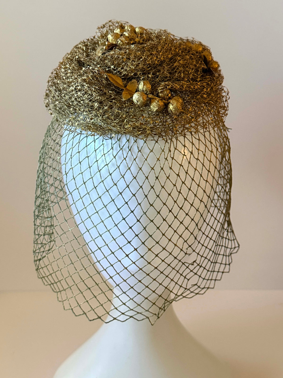 Vintage 1950s Gold Metallic Veiled Hat | Metallic Net Cocktail Hat with Berries Full Face Veil