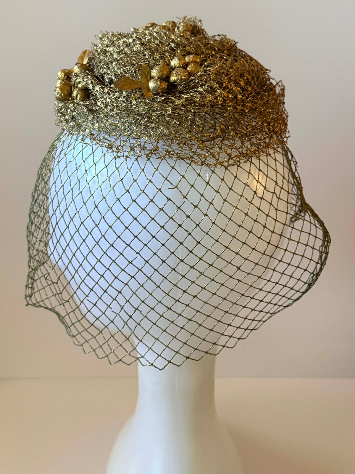 Vintage 1950s Gold Metallic Veiled Hat | Metallic Net Cocktail Hat with Berries Full Face Veil
