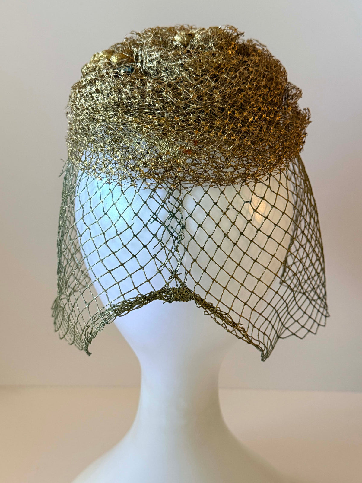 Vintage 1950s Gold Metallic Veiled Hat | Metallic Net Cocktail Hat with Berries Full Face Veil