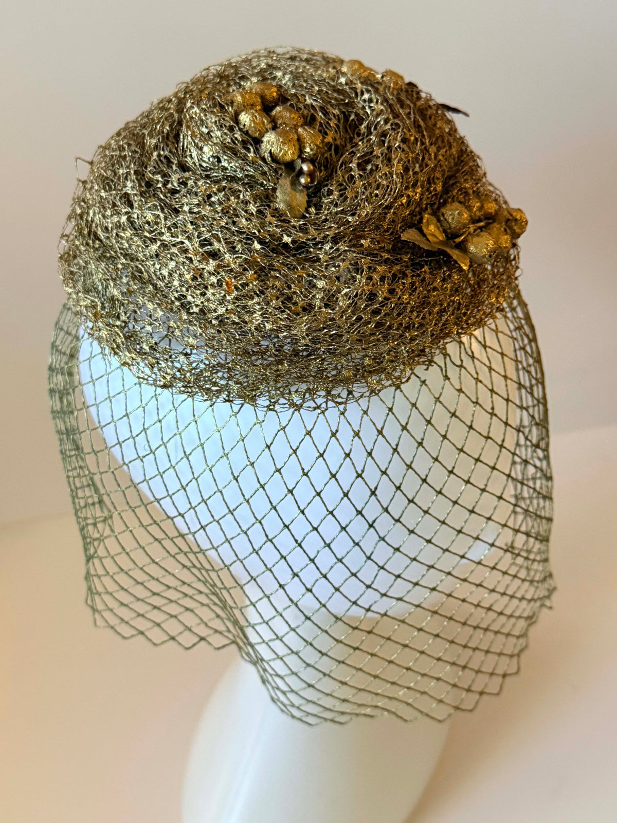 Vintage 1950s Gold Metallic Veiled Hat | Metallic Net Cocktail Hat with Berries Full Face Veil