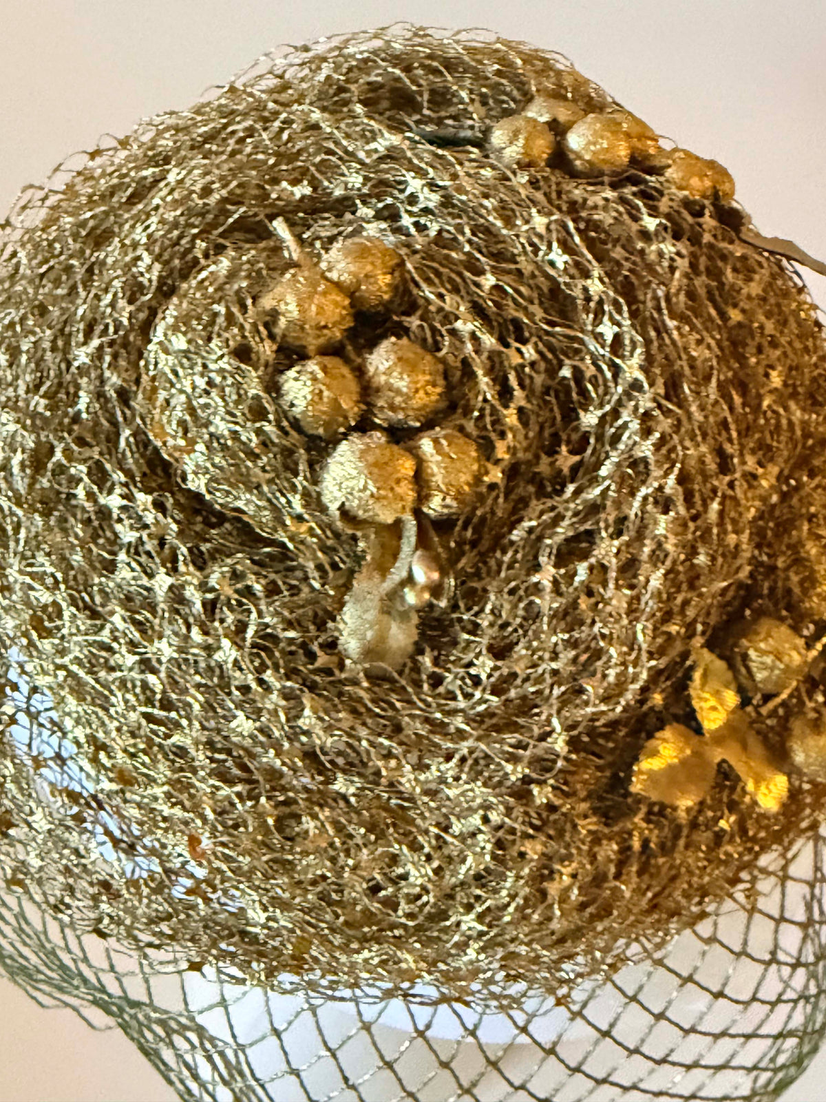 Vintage 1950s Gold Metallic Veiled Hat | Metallic Net Cocktail Hat with Berries Full Face Veil