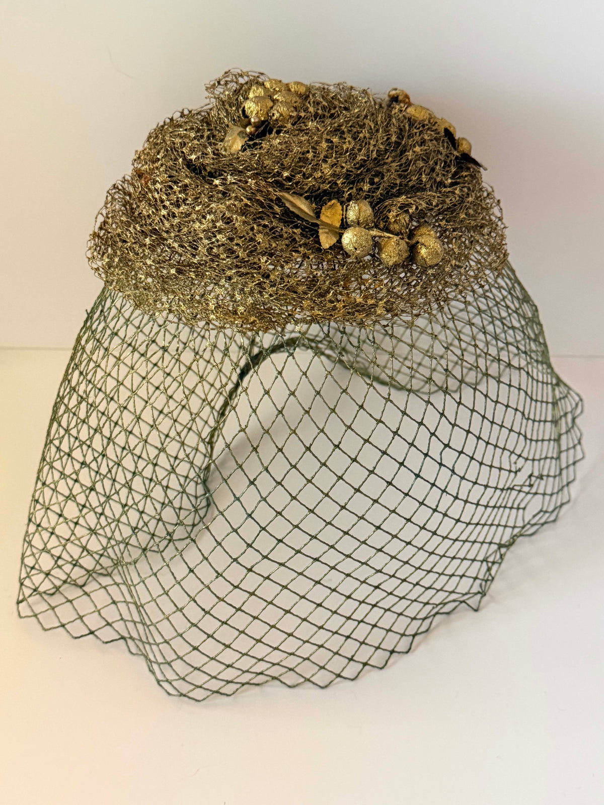 Vintage 1950s Gold Metallic Veiled Hat | Metallic Net Cocktail Hat with Berries Full Face Veil