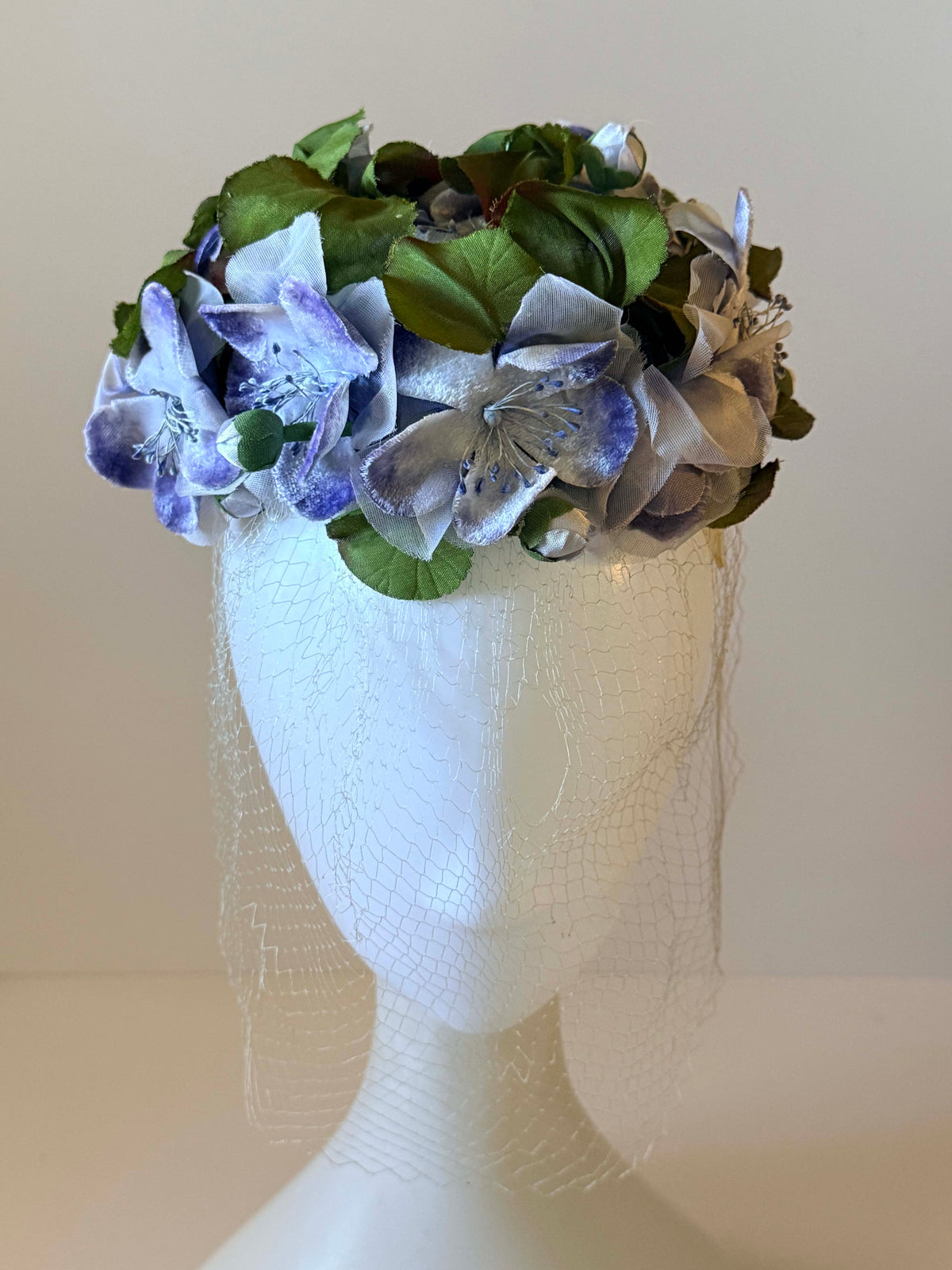Vintage 1950s Sally Victor Hat | Blue Floral Veiled Cocktail Hat | Designer Flower Hat