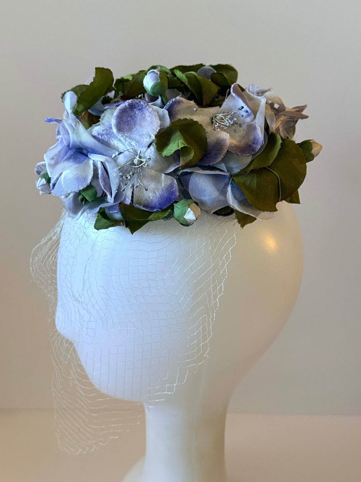Vintage 1950s Sally Victor Hat | Blue Floral Veiled Cocktail Hat | Designer Flower Hat