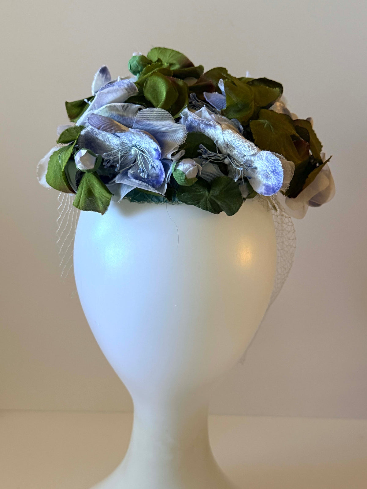 Vintage 1950s Sally Victor Hat | Blue Floral Veiled Cocktail Hat | Designer Flower Hat