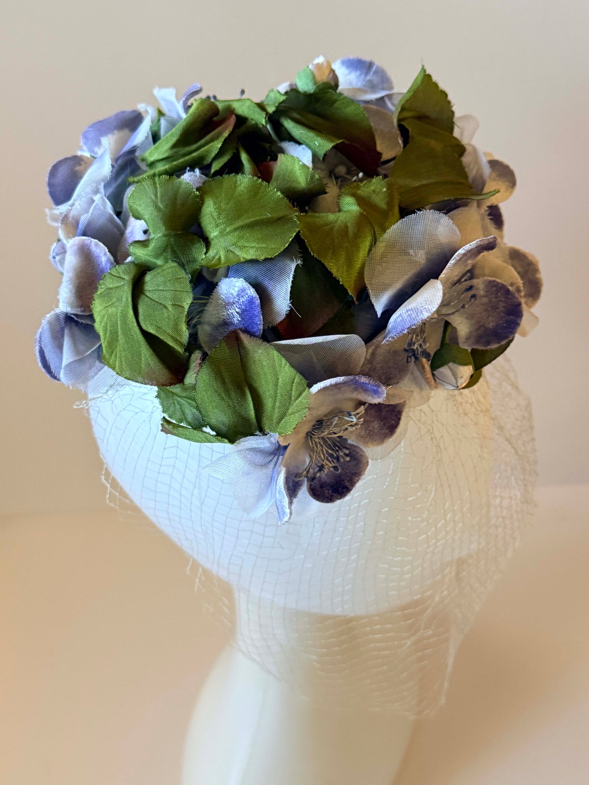 Vintage 1950s Sally Victor Hat | Blue Floral Veiled Cocktail Hat | Designer Flower Hat