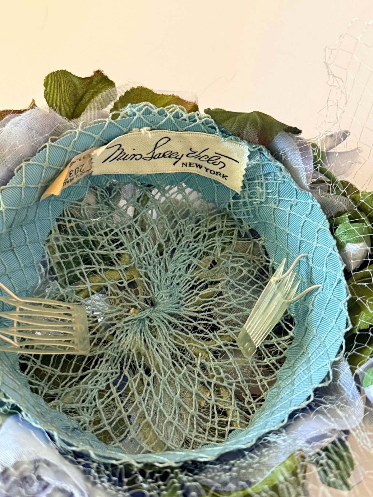 Vintage 1950s Sally Victor Hat | Blue Floral Veiled Cocktail Hat | Designer Flower Hat