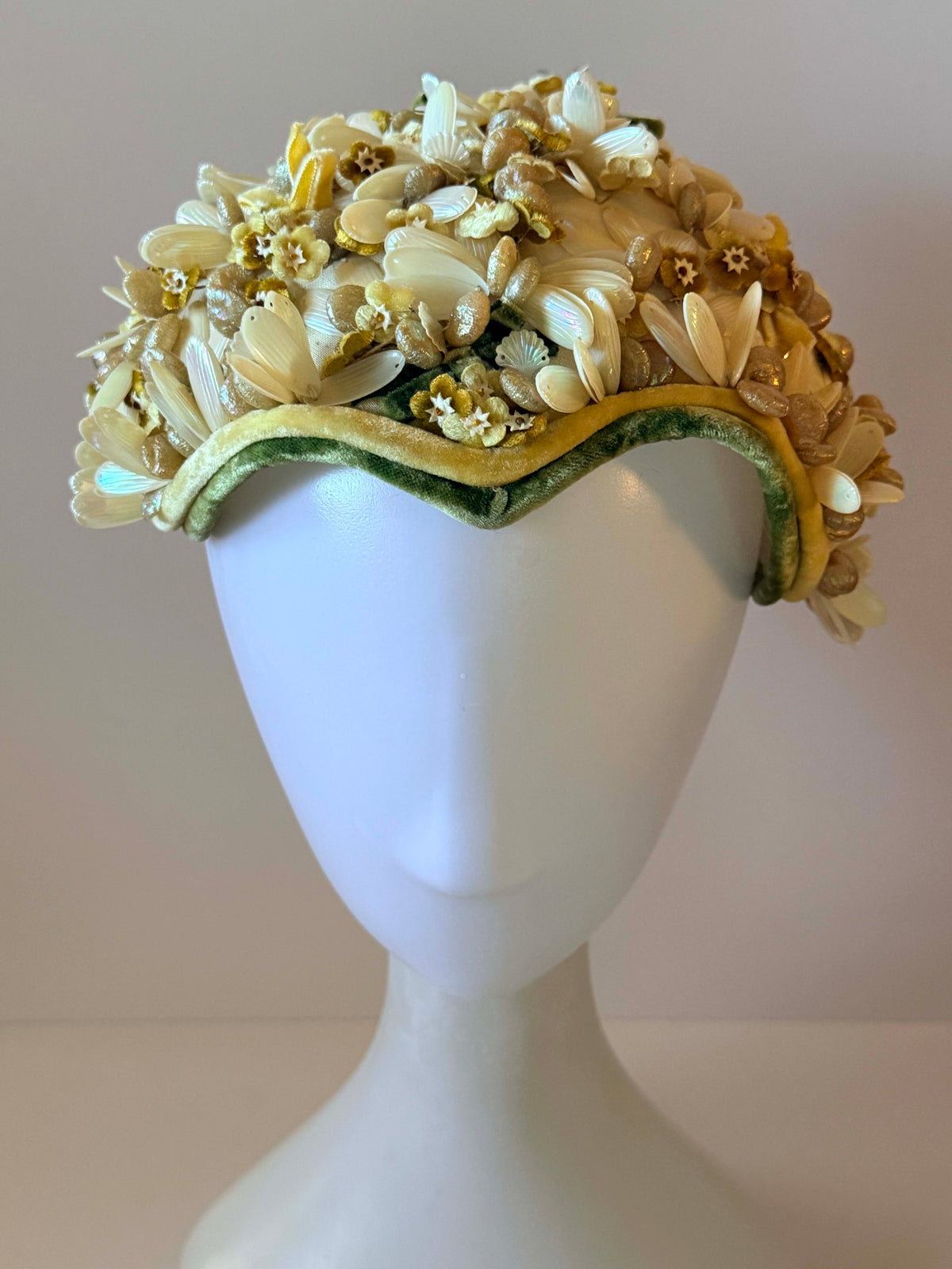 Vintage 1950s A-Dria Hat | Ivory Beaded Floral Half Hat | Lucite Flower Cocktail Hat
