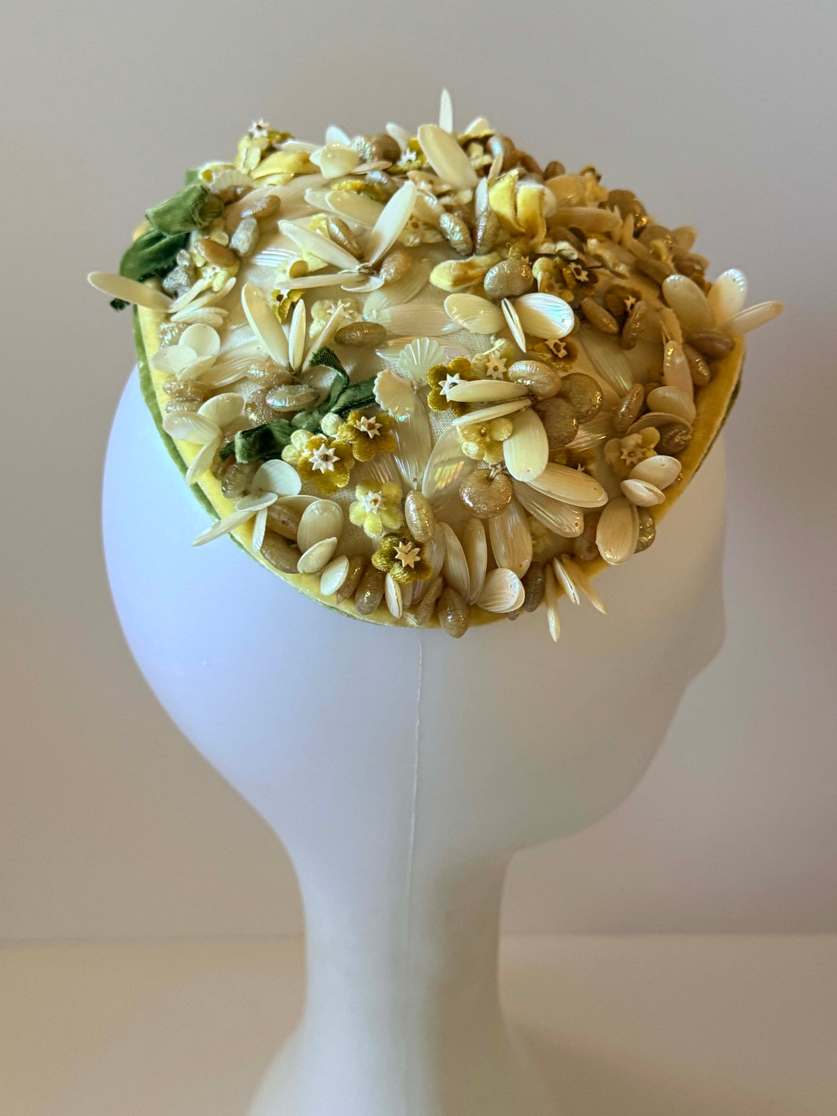 Vintage 1950s A-Dria Hat | Ivory Beaded Floral Half Hat | Lucite Flower Cocktail Hat