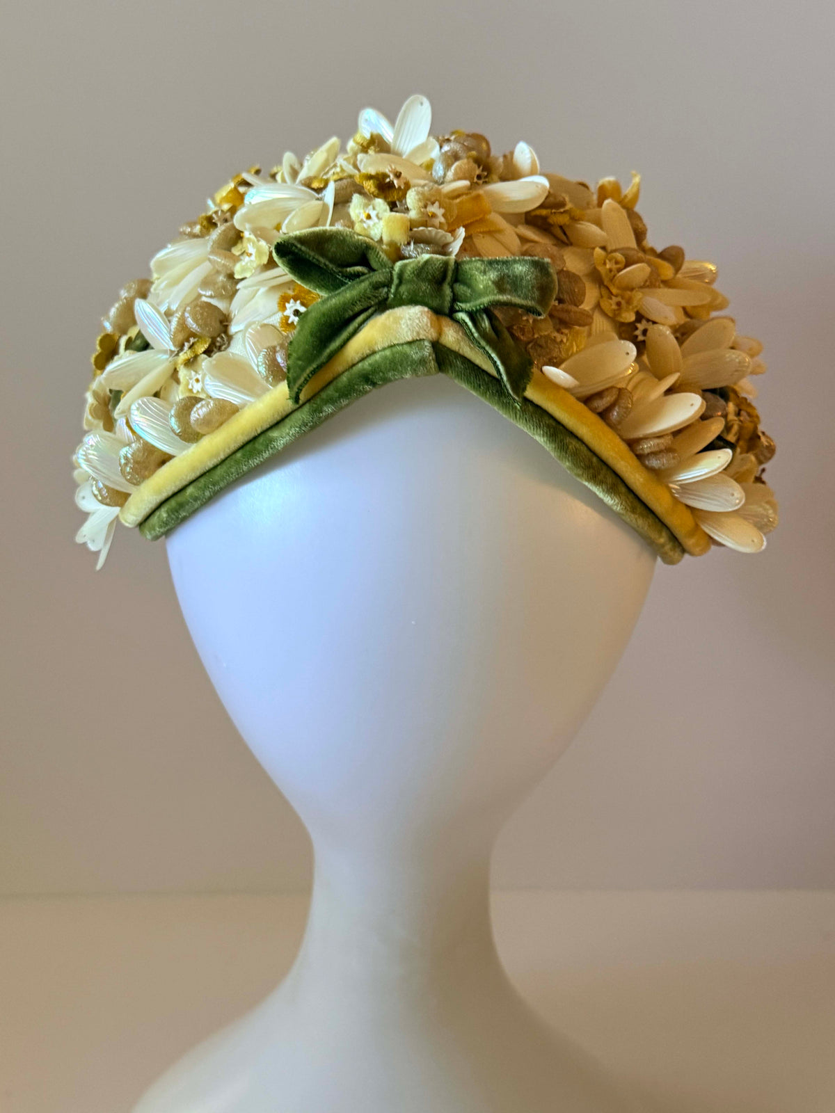 Vintage 1950s A-Dria Hat | Ivory Beaded Floral Half Hat | Lucite Flower Cocktail Hat