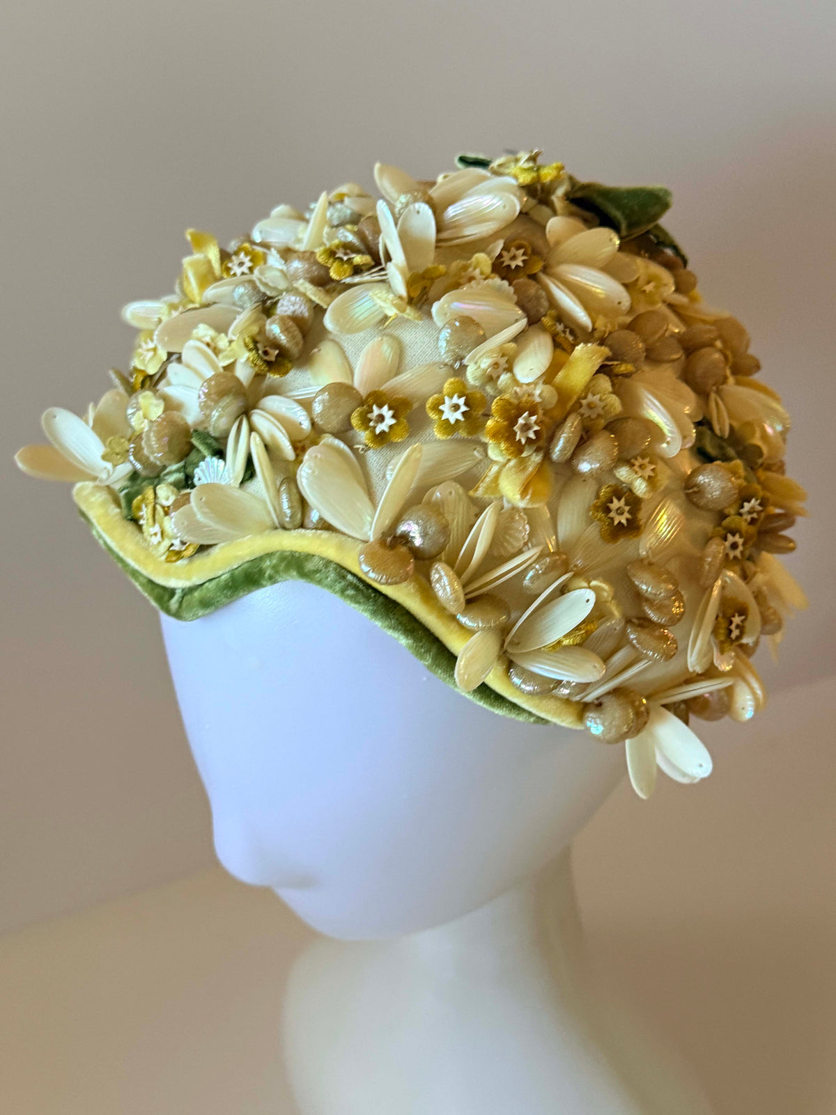 Vintage 1950s A-Dria Hat | Ivory Beaded Floral Half Hat | Lucite Flower Cocktail Hat