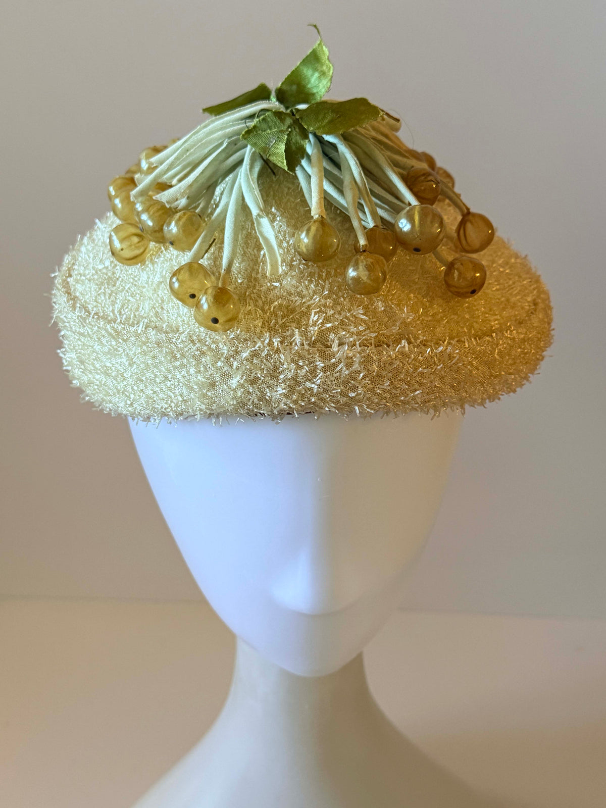 Vintage 1950s A-Dria Cocktail Hat | Cream Pillbox Hat with Berry Trim | Mid Century Novelty Hat
