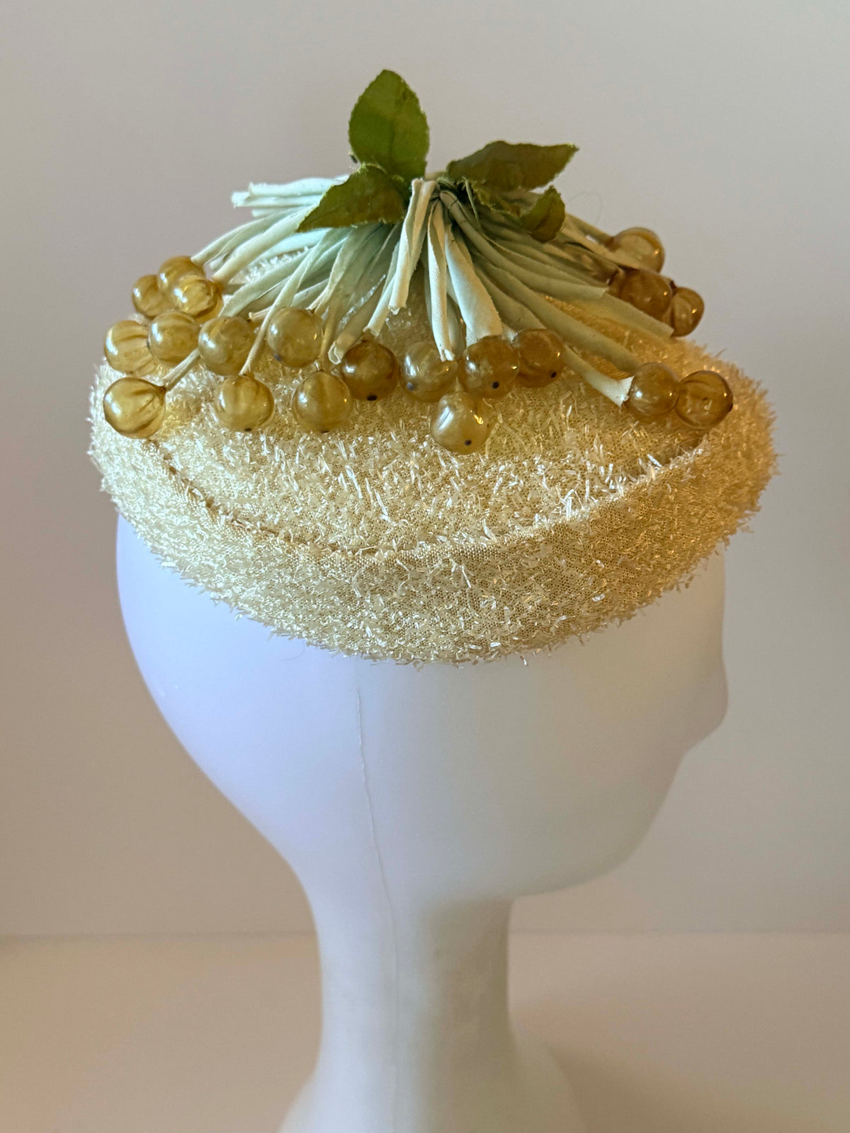 Vintage 1950s A-Dria Cocktail Hat | Cream Pillbox Hat with Berry Trim | Mid Century Novelty Hat