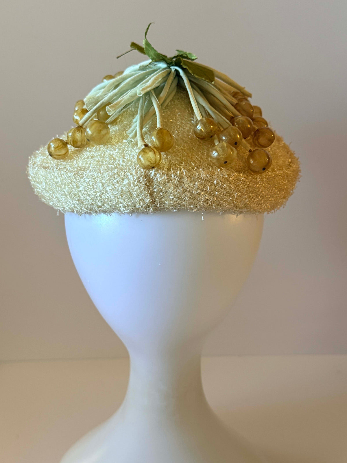 Vintage 1950s A-Dria Cocktail Hat | Cream Pillbox Hat with Berry Trim | Mid Century Novelty Hat
