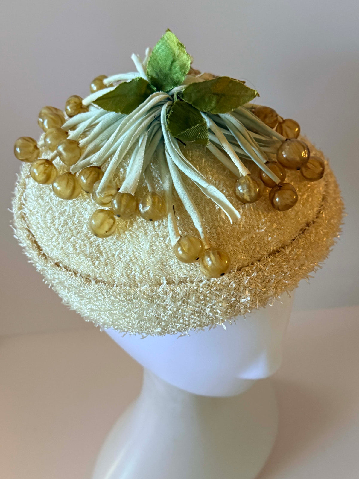 Vintage 1950s A-Dria Cocktail Hat | Cream Pillbox Hat with Berry Trim | Mid Century Novelty Hat