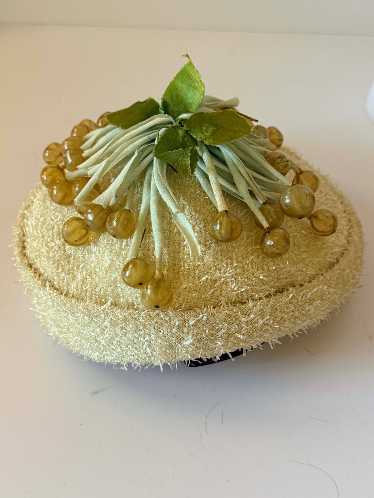 Vintage 1950s A-Dria Cocktail Hat | Cream Pillbox Hat with Berry Trim | Mid Century Novelty Hat