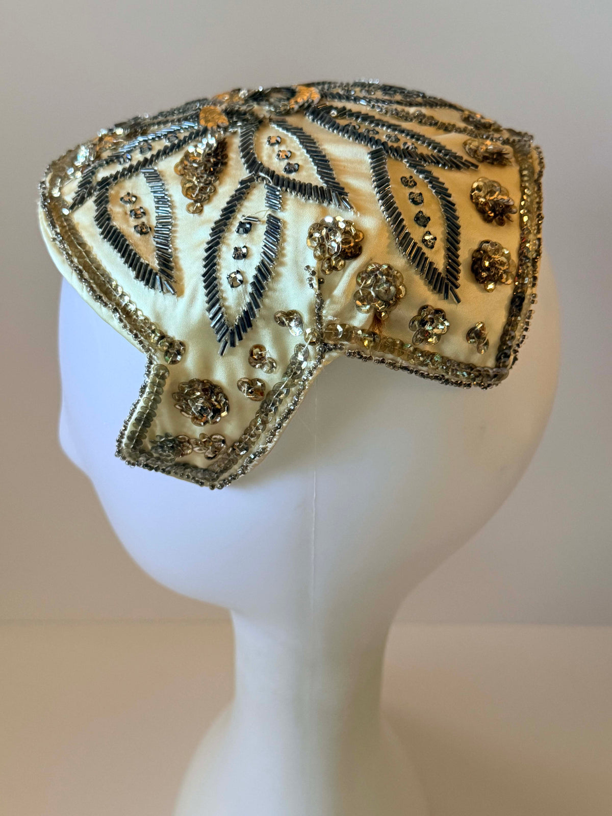 Vintage Schiaparelli Hat 1950s | Ivory Beaded Sequin Half Hat | Designer Cocktail Hat