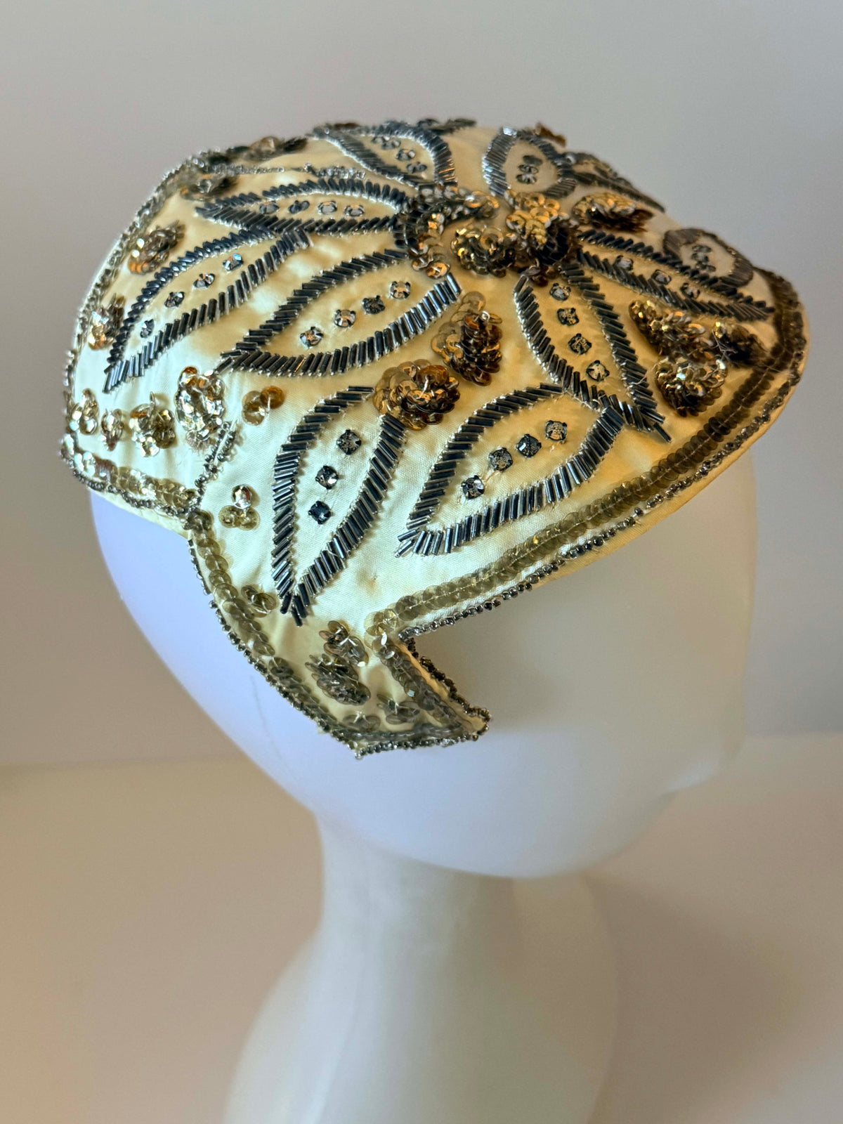 Vintage Schiaparelli Hat 1950s | Ivory Beaded Sequin Half Hat | Designer Cocktail Hat