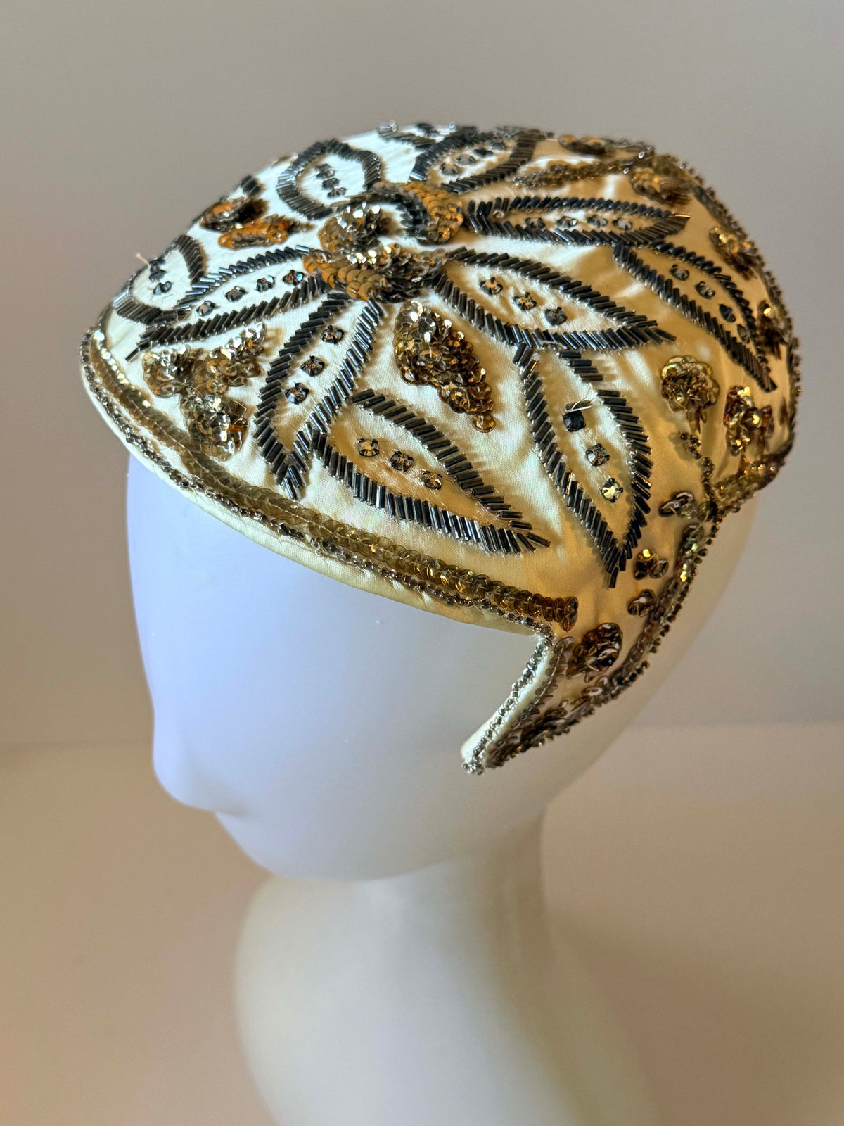 Vintage Schiaparelli Hat 1950s | Ivory Beaded Sequin Half Hat | Designer Cocktail Hat