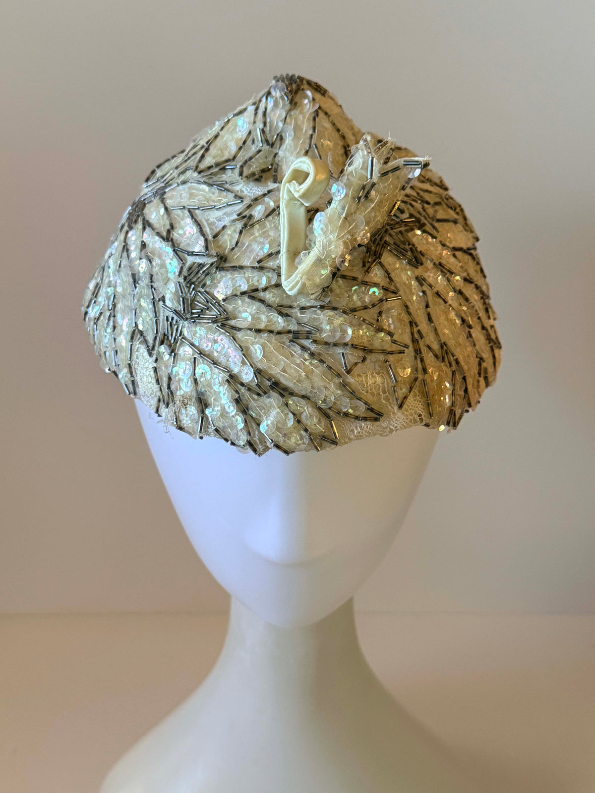 Vintage 1950s Sequin Hat | Ivory Beaded Half Hat | Bugle Bead Cocktail Hat