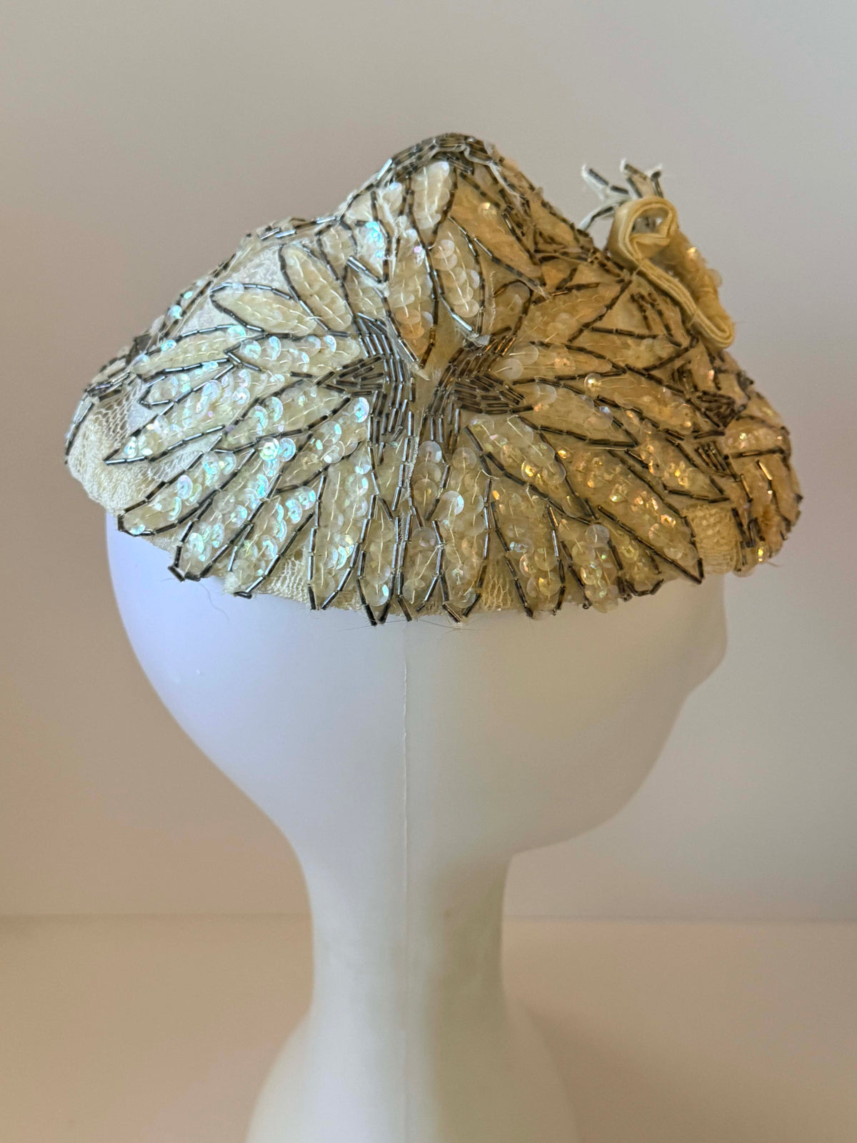 Vintage 1950s Sequin Hat | Ivory Beaded Half Hat | Bugle Bead Cocktail Hat