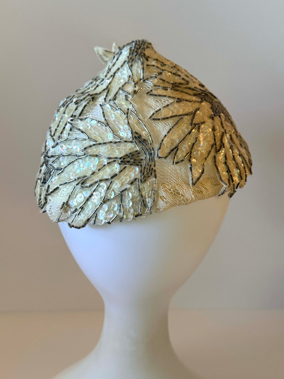 Vintage 1950s Sequin Hat | Ivory Beaded Half Hat | Bugle Bead Cocktail Hat