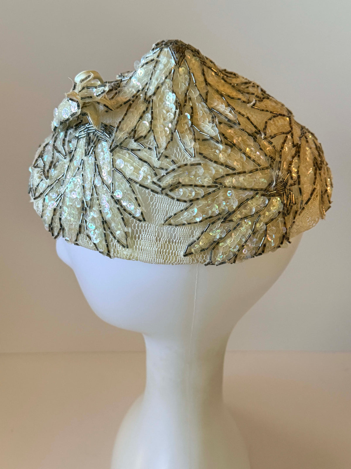Vintage 1950s Sequin Hat | Ivory Beaded Half Hat | Bugle Bead Cocktail Hat