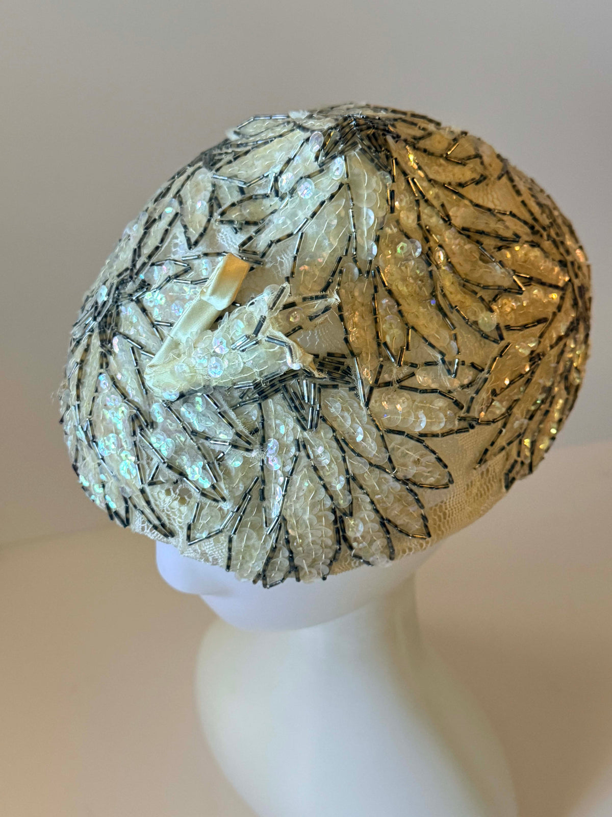 Vintage 1950s Sequin Hat | Ivory Beaded Half Hat | Bugle Bead Cocktail Hat