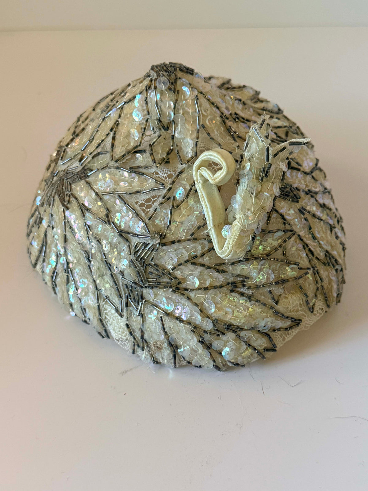 Vintage 1950s Sequin Hat | Ivory Beaded Half Hat | Bugle Bead Cocktail Hat