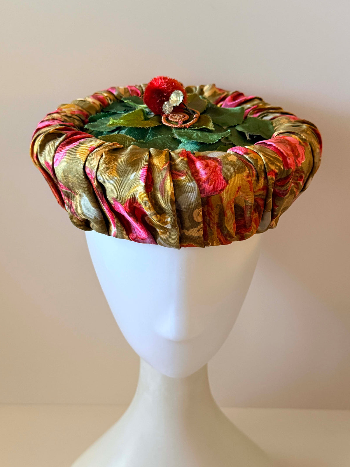 Vintage 1950s Floral Pillbox Hat | Green Leaf Cocktail Hat | Ruched Silk Rhinestone Mid Century Hat