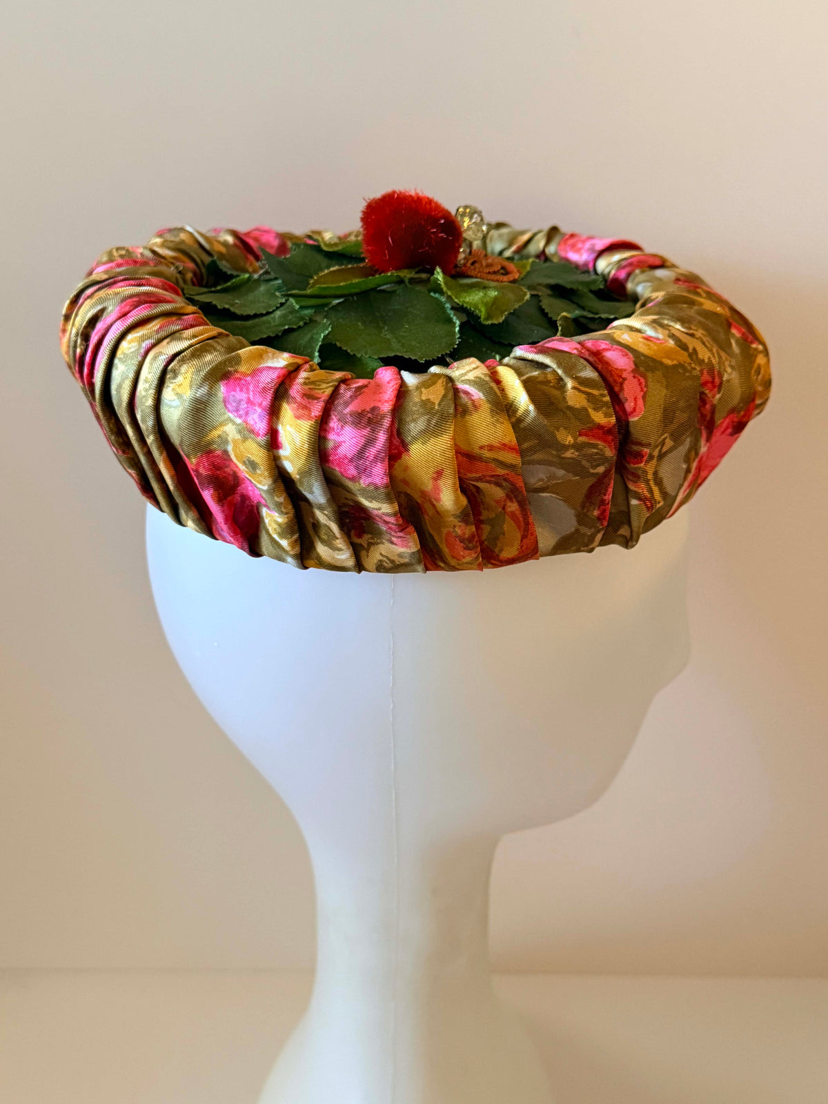 Vintage 1950s Floral Pillbox Hat | Green Leaf Cocktail Hat | Ruched Silk Rhinestone Mid Century Hat