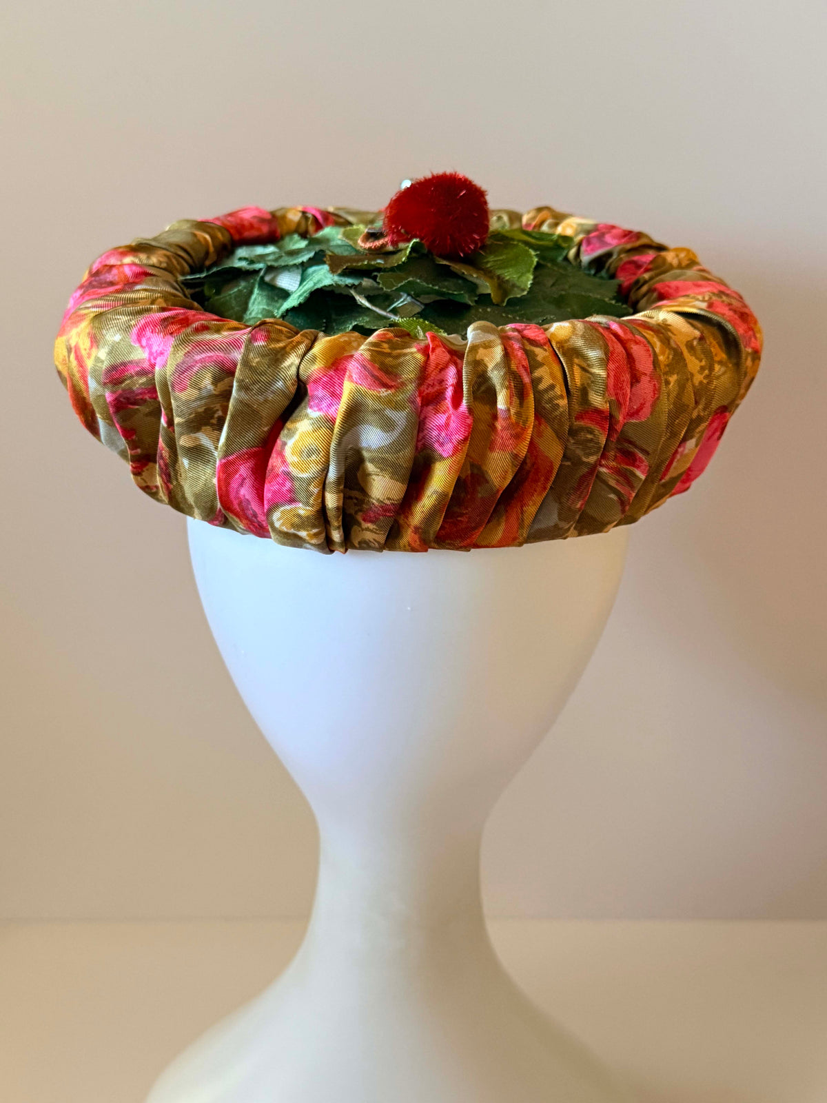 Vintage 1950s Floral Pillbox Hat | Green Leaf Cocktail Hat | Ruched Silk Rhinestone Mid Century Hat