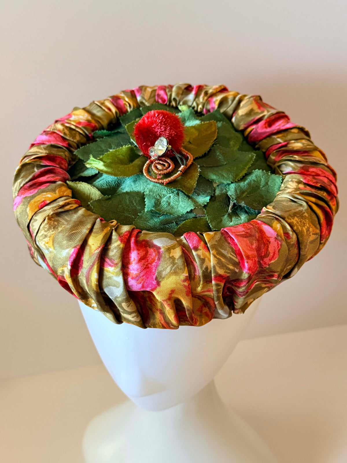 Vintage 1950s Floral Pillbox Hat | Green Leaf Cocktail Hat | Ruched Silk Rhinestone Mid Century Hat