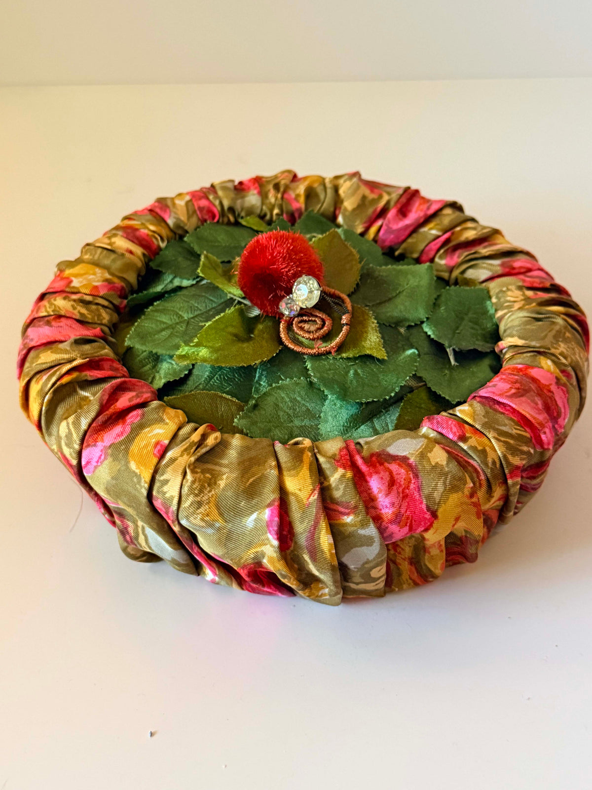 Vintage 1950s Floral Pillbox Hat | Green Leaf Cocktail Hat | Ruched Silk Rhinestone Mid Century Hat