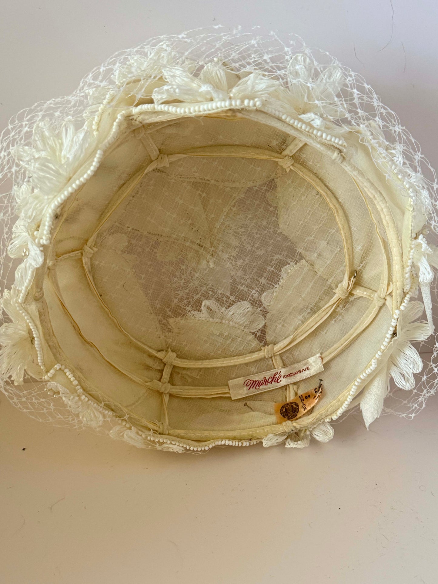 1950s Ivory Floral Lace Pillbox Hat Meiche Exclusive Bridal Hat Net Veil Flower Appliqué Vintage Wedding Headpiece