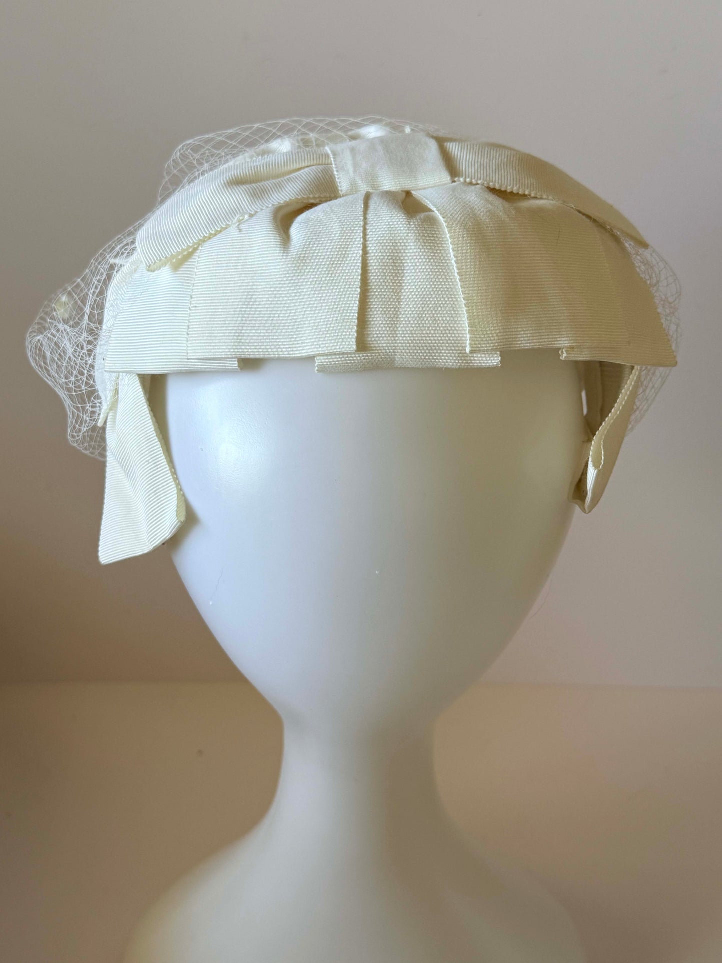 1950s Ivory Bow Pillbox Hat Net Veil Bridal Hat Union Made Vintage Wedding Headpiece Mid Century Fascinator