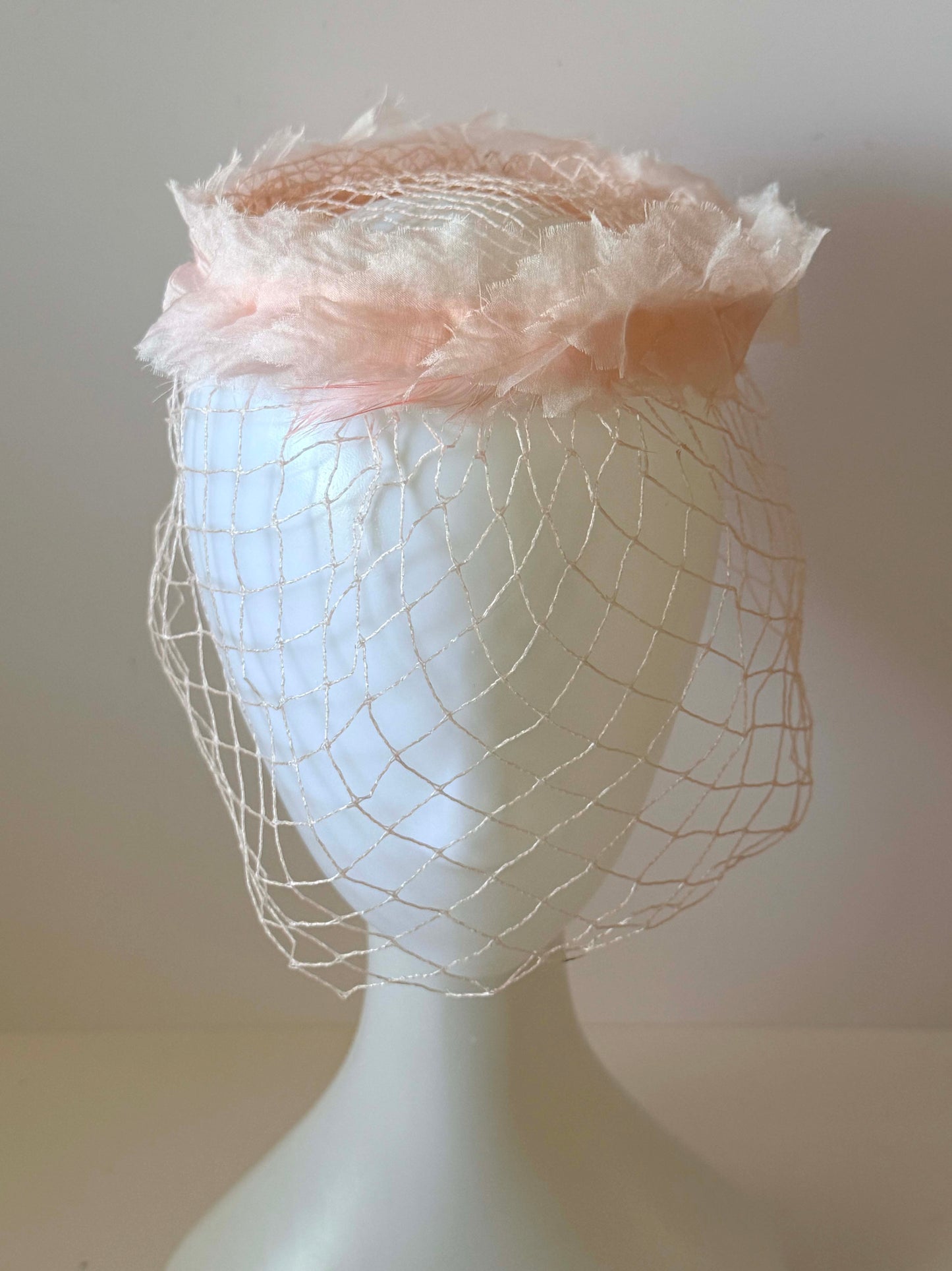 1950s Blush Pink Feather Veil Cocktail Hat Vintage Halo Fascinator Soft Netting Mid Century Bridal Headpiece