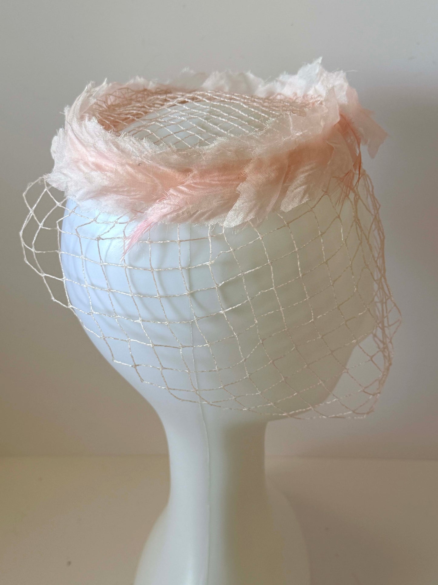 1950s Blush Pink Feather Veil Cocktail Hat Vintage Halo Fascinator Soft Netting Mid Century Bridal Headpiece