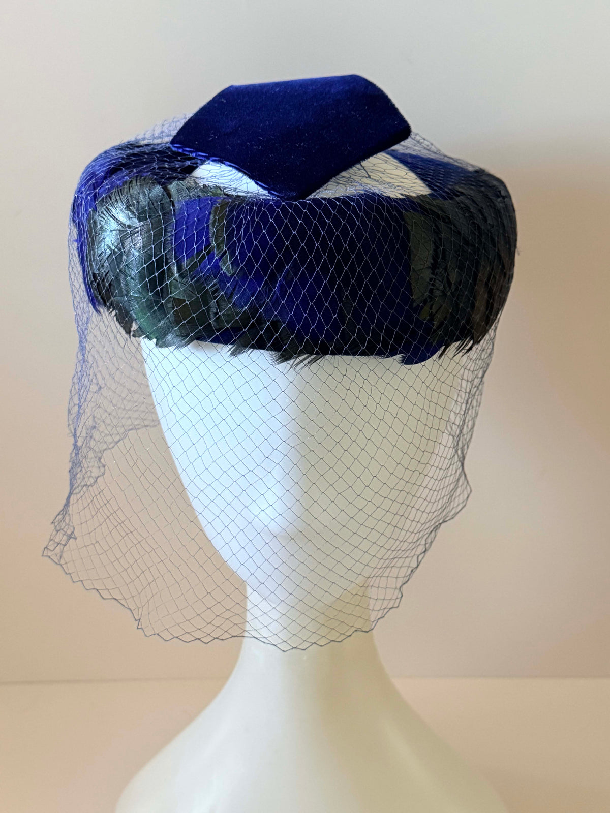 Vintage 1950s Royal Blue Velvet Hat with Iridescent Feathers & Face Veil | Mid Century Cocktail Hat
