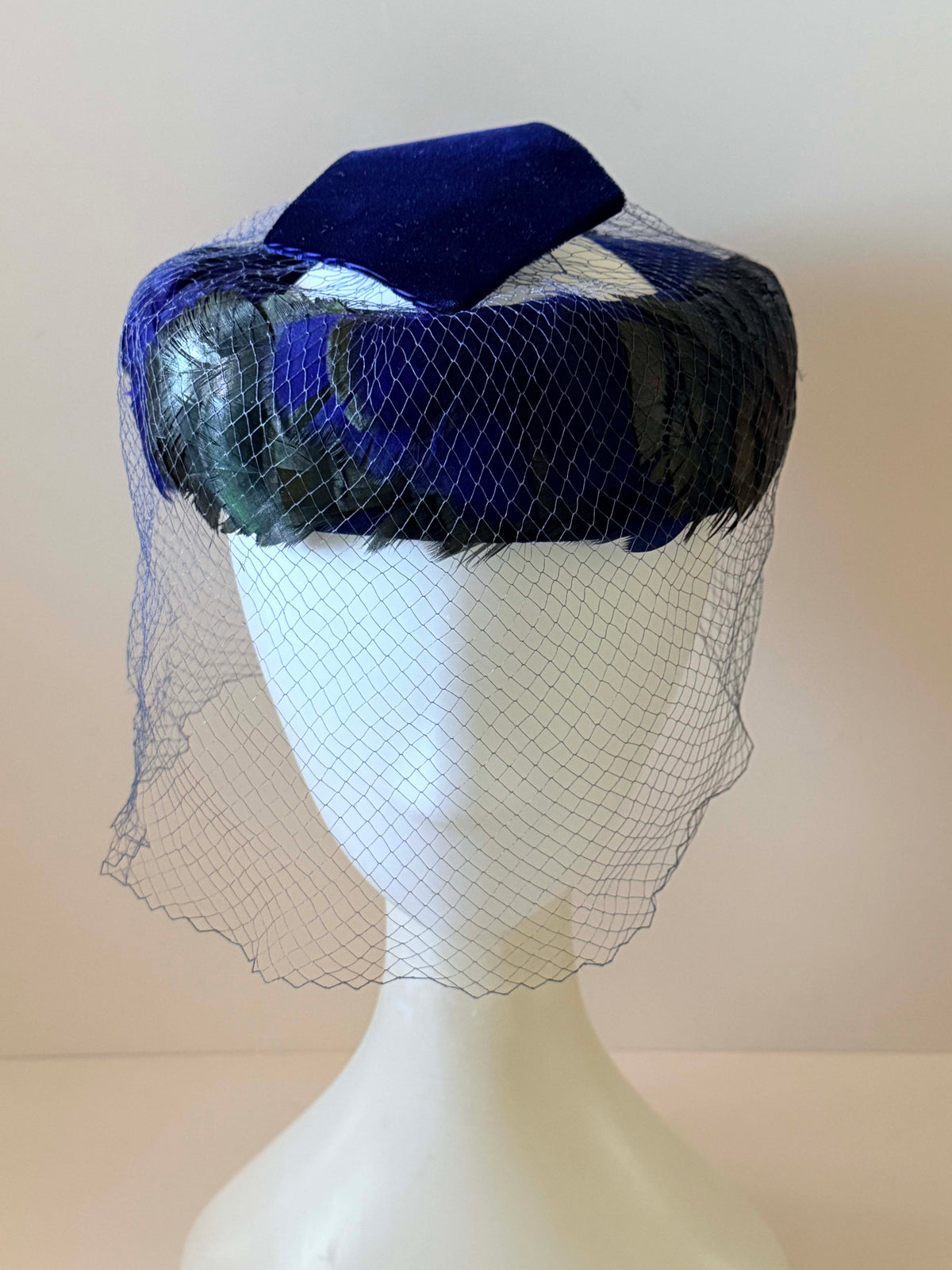 Vintage 1950s Royal Blue Velvet Hat with Iridescent Feathers & Face Veil | Mid Century Cocktail Hat